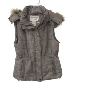 American Rag Vest Womens Large Puffer Faux Fur Removable Hood Gray/Brown